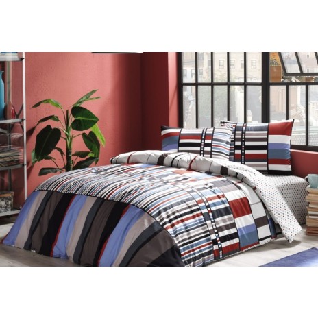 Lenjerie de pat cu elastic pentru saltea de 160x200 cm, design modern în dungi multicolore, bumbac 100% ranforce