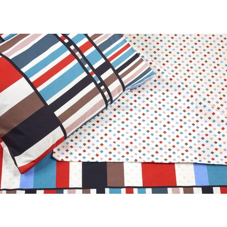 Lenjerie de pat cu elastic pentru saltea de 160x200 cm, design modern în dungi multicolore, bumbac 100% ranforce