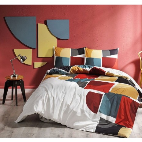 Lenjerie de pat cu elastic pentru saltea de 160x200 cm, design geometric viu colorat în roșu, galben, albastru și negru, bumbac 100% ranforce