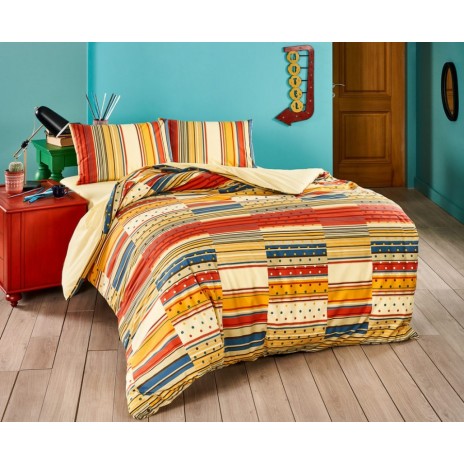 Lenjerie de pat cu elastic pentru saltea de 160x200cm din bumbac 100% ranforce, model Tac Martin, set de 4 piese, în culori vibrante de roșu, galben, albastru și portocaliu.