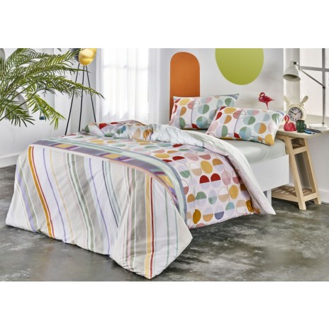 Lenjerie de pat din bumbac 100% ranforce cu design colorat și vesel, cu dungi multicolore și modele circulare