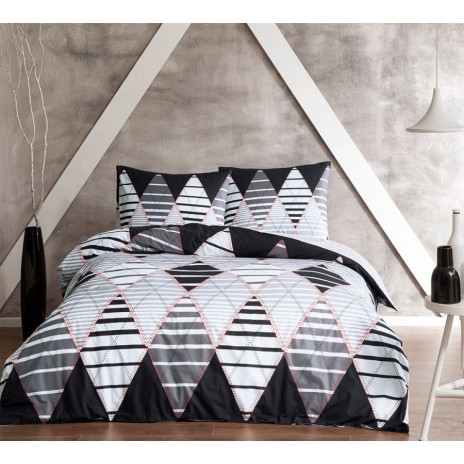 Lenjerie de pat cu elastic pentru saltea de 160x200 cm, design geometric alb-negru cu accente roșii, bumbac 100% ranforce