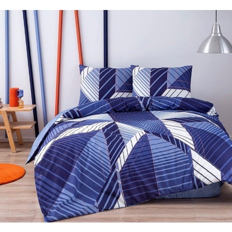 Lenjerie de pat cu elastic pentru saltea de 160x200 cm, design geometric în albastru și alb cu accente portocalii, bumbac 100% ranforce