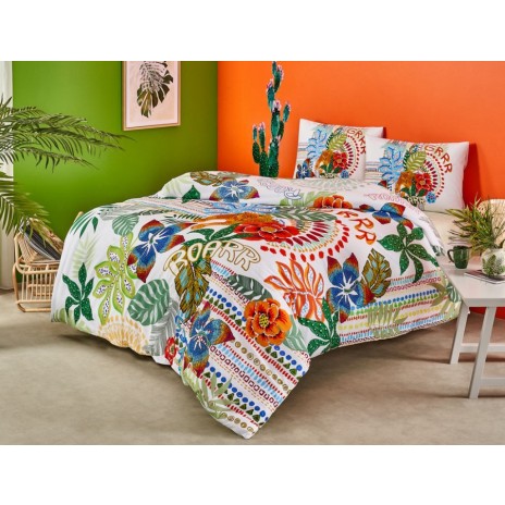 Lenjerie de pat cu elastic pentru saltea de 160x200cm din bumbac 100% ranforce cu design floral colorat, set de 4 piese