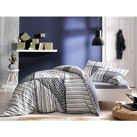 Lenjerie pat bumbac 100% ranforce Zone alb-negru 6 piese cu elastic 160x200