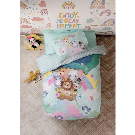 Set pat 4 anotimpuri bumbac 100% ranforce 1 persoana Cute Animals, cuvertura matlasata si cearceaf cu elastic