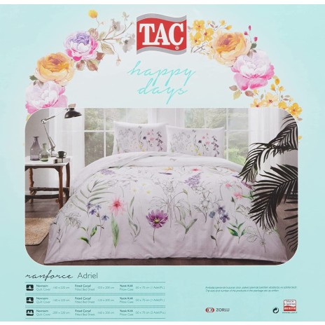 Lenjerie de pat model floral multicolor pe fundal lila, pat dublu, din bumbac 100% ranforce, Tac Adriel