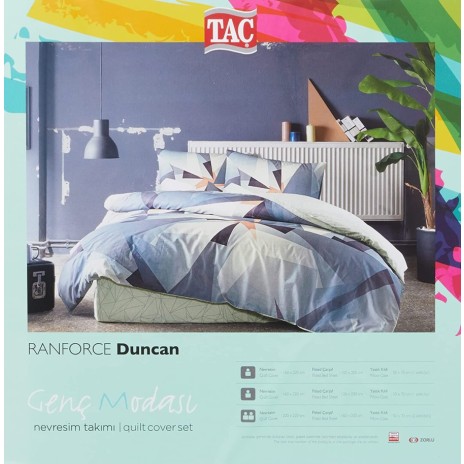 Lenjerie de pat din bumbac ranforce 100% cu model geometric abstract în nuanțe de albastru și gri, decorată cu accente de portocaliu și alb