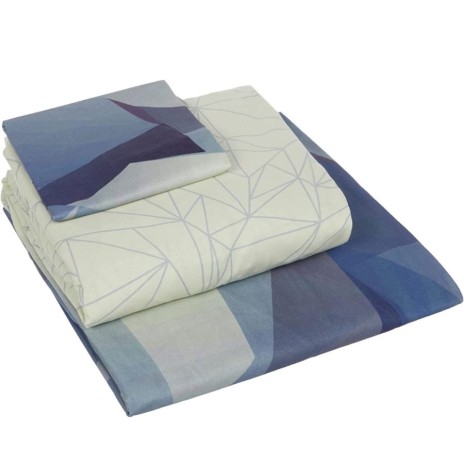 Lenjerie de pat din bumbac ranforce 100% cu model geometric abstract în nuanțe de albastru și gri, decorată cu accente de portocaliu și alb