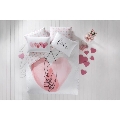 Set lenjerie de pat cu elastic alb și roz, bumbac 100% Ranforce, cu imprimeu modern de inimioare și text