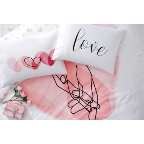 Set lenjerie de pat cu elastic alb și roz, bumbac 100% Ranforce, cu imprimeu modern de inimioare și text