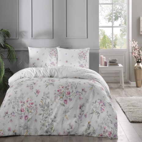Lenjerie de pat model floral pastel cu flori roz și galbene pe fundal alb, pat dublu, din bumbac 100% ranforce, Tac Gavin
