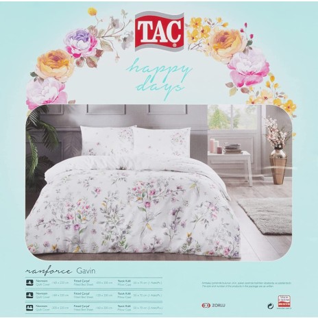 Lenjerie de pat model floral pastel cu flori roz și galbene pe fundal alb, pat dublu, din bumbac 100% ranforce, Tac Gavin