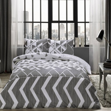 Lenjerie de pat cu elastic pentru saltea de 160x200 cm, design geometric alb-negru, bumbac 100% ranforce