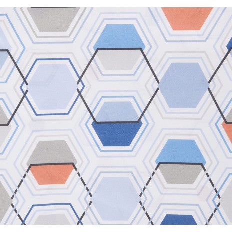 Lenjerie de pat model hexagonal geometric în nuanțe de albastru, portocaliu și gri pe fundal alb, pat dublu, din bumbac 100% ranforce, Tac Sana
