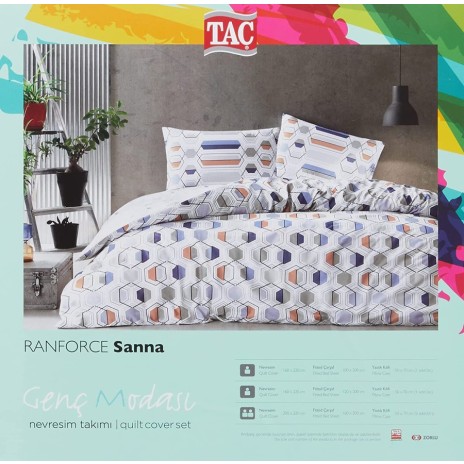 Lenjerie de pat model hexagonal geometric în nuanțe de albastru, portocaliu și gri pe fundal alb, pat dublu, din bumbac 100% ranforce, Tac Sana