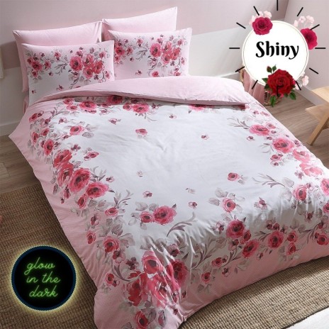 Lenjerie de pat cu elastic, model floral roz și roșu pe fundal alb, pat dublu, din bumbac 100% ranforce, Tac Shiny