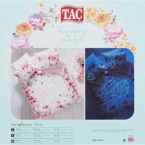 Lenjerie de pat cu elastic, model floral roz și roșu pe fundal alb, pat dublu, din bumbac 100% ranforce, Tac Shiny