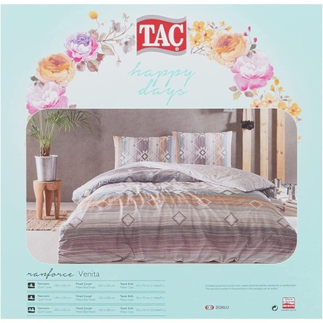 Lenjerie de pat cu elastic, model geometric în nuanțe de bej, mov și gri, pat dublu, din bumbac 100% ranforce, Tac Venita