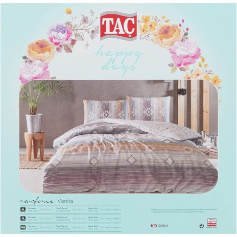 Lenjerie pat cu elastic, saltea 160x200cm, bbc 100%, TAC, Venita Bej