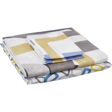 Lenjerie de pat cu elastic pentru saltea de 160x200 cm, design abstract verde, mov, galben și gri, bumbac 100% ranforce