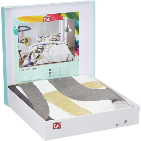Lenjerie de pat cu elastic pentru saltea de 160x200 cm, design abstract verde, mov, galben și gri, bumbac 100% ranforce