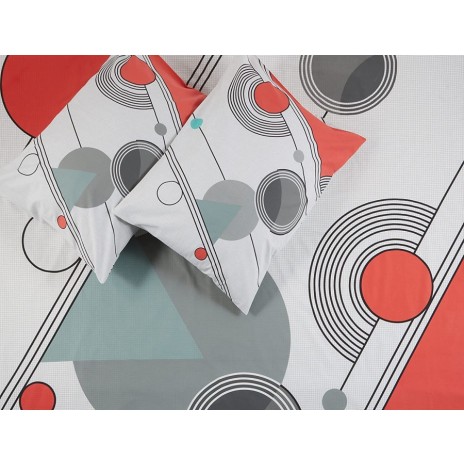 Lenjerie de pat cu elastic pentru saltea de 160x200 cm, design geometric modern în nuanțe de gri, negru și roșu, bumbac 100% ranforce