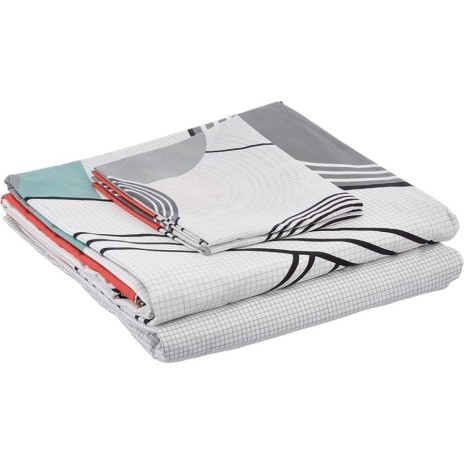 Lenjerie de pat cu elastic pentru saltea de 160x200 cm, design geometric modern în nuanțe de gri, negru și roșu, bumbac 100% ranforce