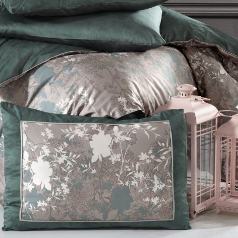 Lenjerie de pat de lux satin premium La Romano Lily Moonmist, design floral, gri perlat și verde petrol, 6 piese