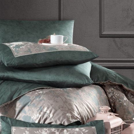 Lenjerie de pat de lux satin premium La Romano Lily Moonmist, design floral, gri perlat și verde petrol, 6 piese