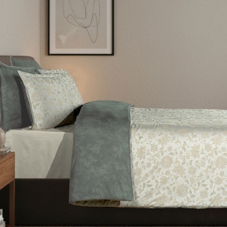 Lenjerie pat satin jacquard 300TC La Romano Edesa Bej set 6 piese floral bej verde