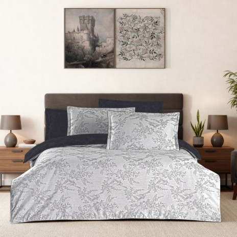 Lenjerie pat satin jacquard 300TC La Romano Merida Gri set 6 piese floral gri bleumarin