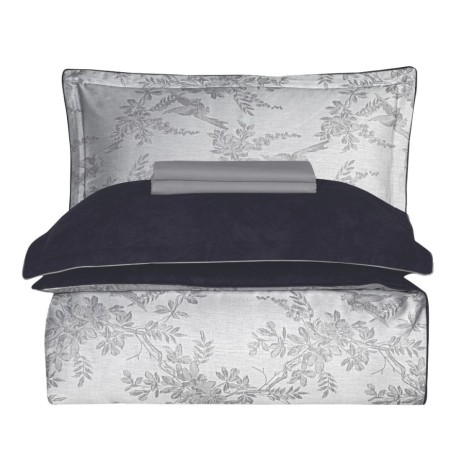 Lenjerie pat satin jacquard 300TC La Romano Merida Gri set 6 piese floral gri bleumarin