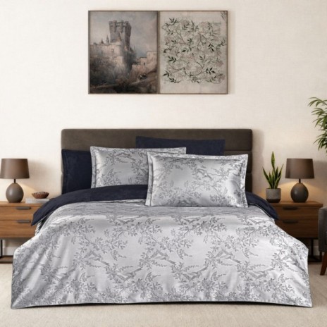 Lenjerie pat satin jacquard 300TC La Romano Merida Gri set 6 piese floral gri bleumarin