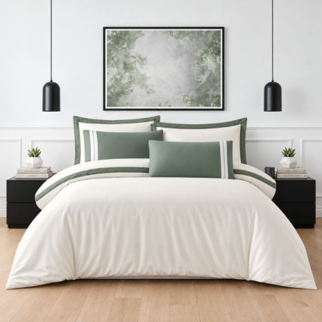 Lenjerie pat de lux Alara Crem La Romano, satin bumbac 300TC, crem cu verde si broderie decorativa