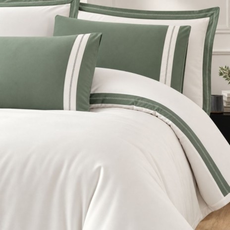Lenjerie pat de lux Alara Crem La Romano, satin bumbac 300TC, crem cu verde si broderie decorativa