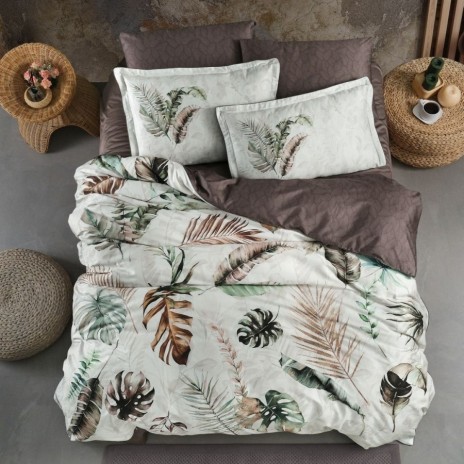 Lenjerie de pat La Romano Hira Iron bumbac satinat 300 TC frunze de palmier si monstera verde maro pe fond crem