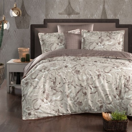 Lenjerie de pat La Romano Kiana Wooden bumbac satinat 300 TC model floral bej maro cu flori crem