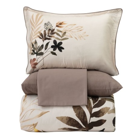 Lenjerie de pat La Romano Monet bumbac satinat 300 TC frunze tropicale bej maro caramel pe fond crem