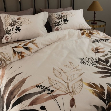 Lenjerie de pat La Romano Monet bumbac satinat 300 TC frunze tropicale bej maro caramel pe fond crem