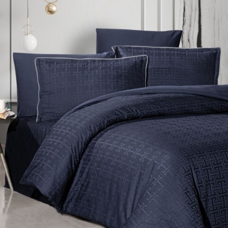 Lenjerie de pat La Romano Rodel Navy bumbac satinat 300 TC model geometric ton pe ton bleumarin