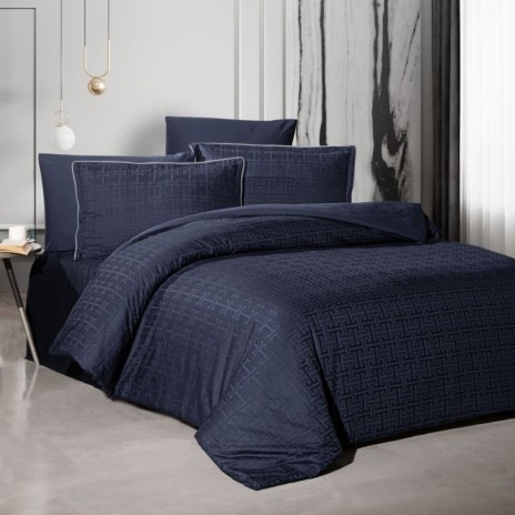 Lenjerie de pat La Romano Rodel Navy bumbac satinat 300 TC model geometric ton pe ton bleumarin
