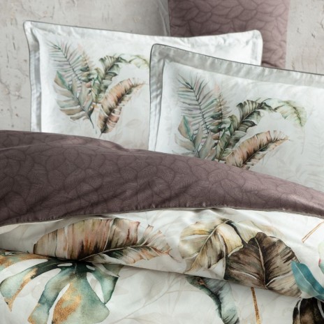Lenjerie de pat premium satin La Romano Hira Iron cu imprimeu frunze tropicale si accente gri