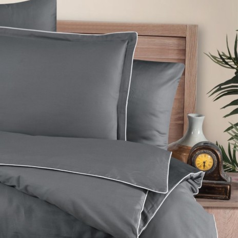 Lenjerie de pat premium satin La Romano First Choice Lucca Gri inchis cu bordura fina eleganta