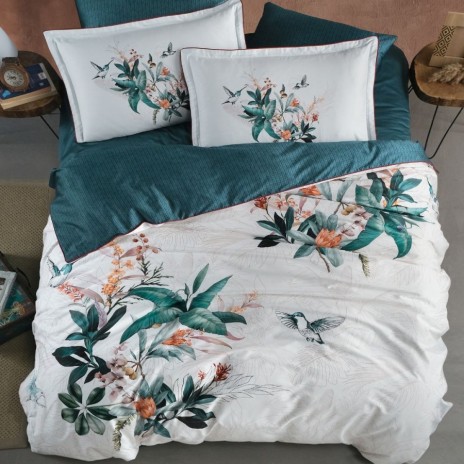 Lenjerie de pat premium satin La Romano First Choice Nadia Tapestry cu imprimeu cu frunze si pasari in nuante verde petrol
