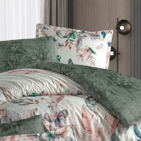 Lenjerie de pat premium satin La Romano Renata Green cu imprimeu frunze si flori in nuante verzi si pastel