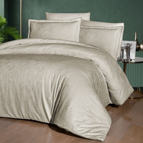 Lenjerie de pat satin premium La Romano Tracy Bej Floral, First Choice, model paisley elegant