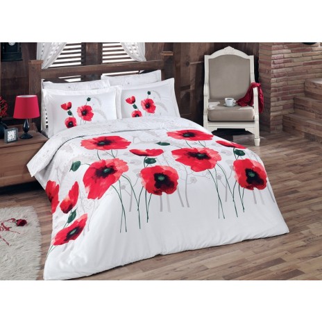 Lenjerie de pat de lux din satin, model Bahar Gelincik, 4 piese, cu maci roșii pe fundal alb.