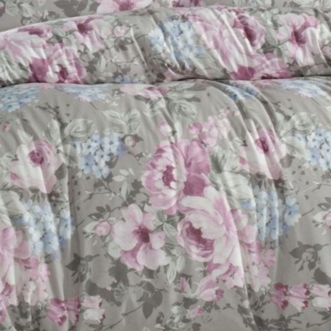Lenjerie de pat Davida Gri, design floral pastelat in nuante de roz si mov, din bumbac 100% ranforce, 4 piese, cearsaf cu elastic, saltele 140x200 cm și 160x200 cm si 2 cearsafuri pilota