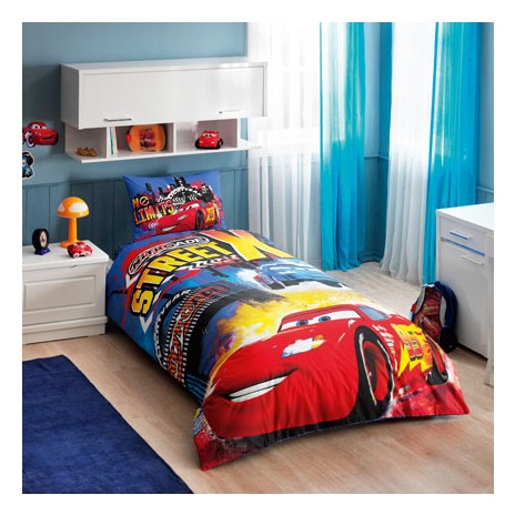 Lenjerie de pat Disney Cars Nitroade, imprimeu viu colorat roșu albastru galben, 3 piese, bumbac, cearceaf elastic, fata perna, cearceaf pilota